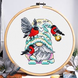 Christmas gnome cross stitch, Bullfinch cross stitch, Funny christmas cross stitch, Small cross stitch, Digital PDF