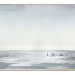 gray seascape art print beach watercolor painting neutral minimalist coastal landscape wall art
