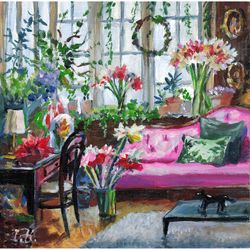 Room with pink sofa and flowers. Original acrylic painting 8x8''