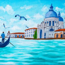 Venice Grand Canal original oil painting european cityscape Italy artwork Venice wall art gondolas and gondoliers art