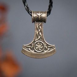 Viking axe pendant with rune and sun symbol. Viking scandinavian necklace. Pagan mascot. Weapon handcrafted man jewelry