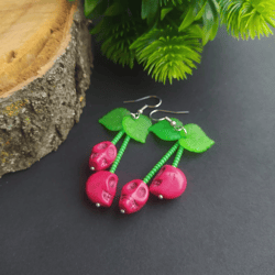 Red Cherry Skull Earrings, punk and gothic, Funny kitsch spooky earrings, Rockabilly goth horror fruit
