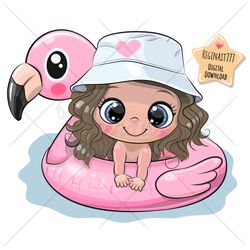 Cute Cartoon Girl PNG, Flamingo, clipart, Sublimation Design, Children illustration, digital clip art