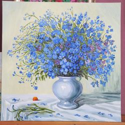 oil painting Forget-me-nots flowers in a vase
