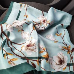 Square green scarf, scarf with flowers