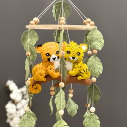 safari mobile felt crib musical mobile tiger and leopard mobile animals mobile handmade