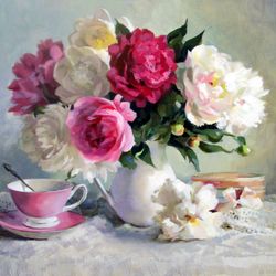 oil painting of peony flowers in a white vase