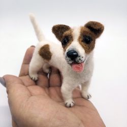 Copy of the Jack Russell Terrier dog, interior toy, felt miniature. A gift for a dog lover. Copy of a pet made of wool.