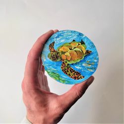 Small wall decor sea turtle painting on wood impasto art