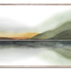 Mountain Lake Art Print Green Mountains Watercolor Painting Neutral Landscape Abstract Watercolor Wall Art