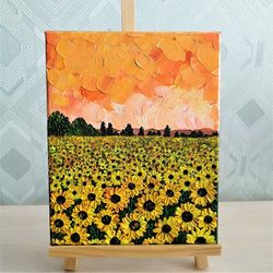 Textured canvas wall art sunflower field sunset painting