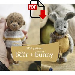 Knitting toy pattern. Knitted bear. Knitted bunny. Cute amigurumi.