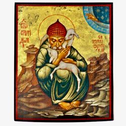 St Spiridon Trimifuntsky |  Aged Wooden Icon | High quality serigraph icon on wood | Size:  4.5 x 3.5 inch