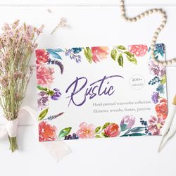 Rustic Watercolor Flower Clipart,Floral frames, wreath, greeting card, rustic wedding stationery invitation card,pattern