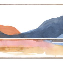 sunset lake art print blue terracotta landscape abstract watercolor painting mountain lake wall art minimalist