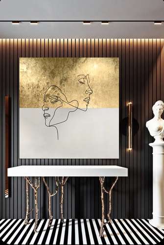Gold Leaf Abstract, One Line Painting on Canvas, Large Gold leaf Abstract Painting, Original Abstract Painting