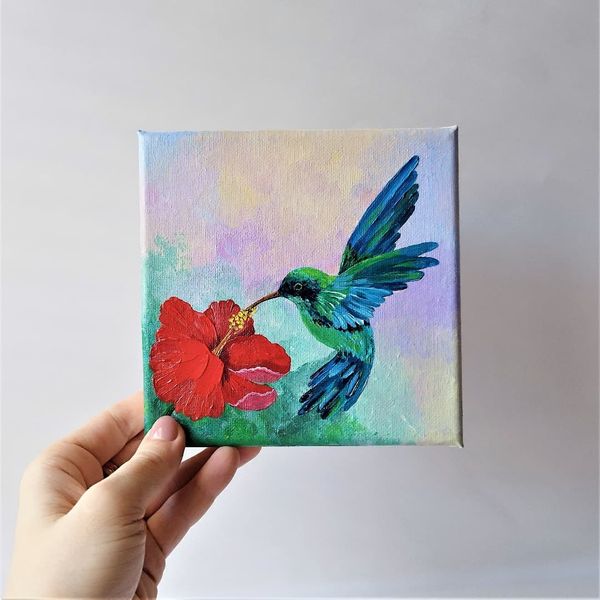 Bird-hummingbird-and-red-flower-hibiscus-acrylic-painting-impasto-on-stretch-canvas.jpg