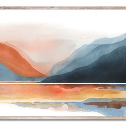 sunrise lake art print mountain lake watercolor painting abstract landscape wall art indigo terracotta