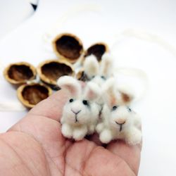 Rabbits in walnut shell, felt miniature surprise in walnut. A set of 3 pieces.