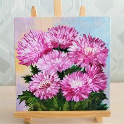 Pink aster painting bright floral wall art impasto