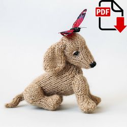Dachshund puppy knitting pattern. Little knitted realistic dog step by step tutorial. DIY tiny toy. English and Russian