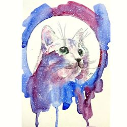 Space Cat Painting Original Art Animal Watercolor Cosmos Wall Art Pet Artwork