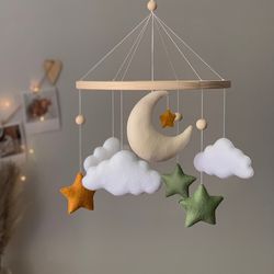 Baby mobile moon, baby mobile clouds and stars in natural shades, neutral nursery decor, minimalistic baby mobile