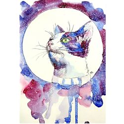 Space Cat Painting Original Art Animal Watercolor Cosmos Wall Art Pet Art