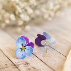 Pansy stud statement earrings, Violet blue purple flower, Nature inspired jewelry