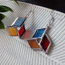 origami earrrings, geometric earrrings, simple stained glass, blue stained glass, glass earrings, red earrings
