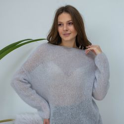 blue mohair sweater, oversized knit sweater, fall holiday sweater, hand knit sweater, loose handmade sweater