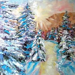 Ski Art Original Landscape Pine Tree Painting Skiing Wall Art Winter Snow Impasto Artwork