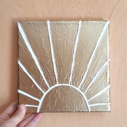 Gold Leaf Sunrays Painting Original Abstract Acrylic Sun Art Sunrise Wall Art Impasto Small Painting on Canvas 8 by 8