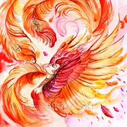 Phoenix Goddess Painting Fine Art Phoenix Women Original Art Firebird Woman Watercolor. MADE TO ORDER
