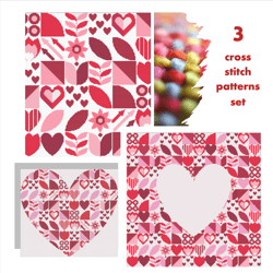 Set 3 cross stitch Saint Valentine abstract modern style cross stitch digital printable pattern for home decor and gift
