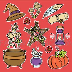 halloween sticker set occult celestial sketch vector pack