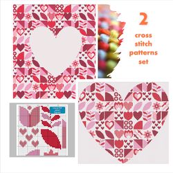 Set of 2 cross stitch Saint Valentine 2 hearts modern style cross stitch digital printable patterns for decor and gift
