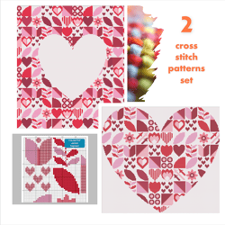 set of 2 cross stitch saint valentine 2 hearts modern style cross stitch digital printable patterns for decor and gift