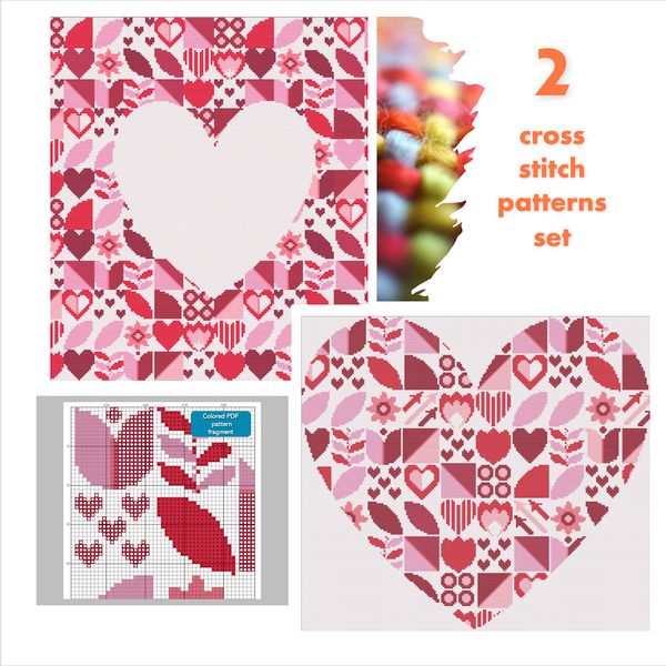 1 2 cross stitch patterns set Hearts with and inside Saint Valentine abstract modern style cross stitch digital printable pattern for home decor and gift.png