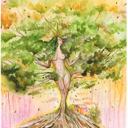 Goddess Tree Of Life Painting Goddess Tree Art Original Woman Tree Watercolor Mother Nature Artwork. MADE TO ORDER