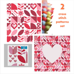 Set of 2cross stitch Saint Valentine cross stitch digital printable patterns Heart inside pattern Basic abstract pattern