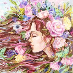 Mother Nature Art Original Woman And Flowers Oil Painting Canvas Flower Goddess Fantasy Artwork