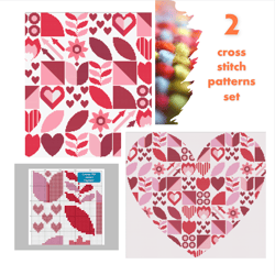 Set of 2 cross stitch Saint Valentine cross stitch digital printable patterns Heart with pattern, Basic abstract pattern