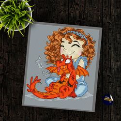 Girl with a Dragon Cross Stitch Pattern PDF