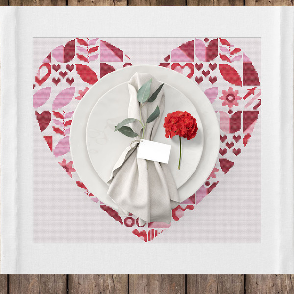 10 Saint Valentine Heart with Boho style red pink colors abstract modern style cross stitch digital printable pattern for home decor and gift.jpg