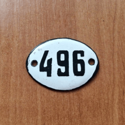 white black apartment door number sign 496 - enamel metal small vintage address plate