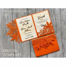 5x7 SVG set of maple leaf wedding invitation template tri fold & place card, Fall autumn invitation lasert cut cricut