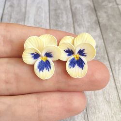 Pansy earrings, Yellow pansy flower, Pansy jewelry