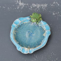 Ceramic ashtray Frog figurine Small decorative vase Ceramic plate Blue Sculpture saucer Fairy tale figurine Gift dad