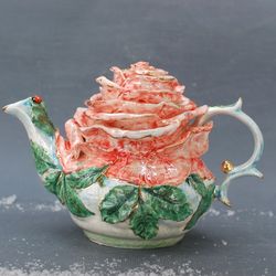 Rose Art teapot Flower shaped teapot figurine Light pink Porcelain rose Flower figurine Porcelain teapot gift for mom